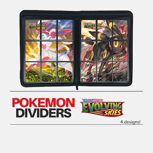May include: Black Pokemon card divider with a zipper closure. The front features a grid of clear plastic pockets for holding cards. The left side shows a picture of Sylveon and the right side shows a picture of Umbreon. The text "SWORD & SHIELD EVOLVING SKIES" is on the front. The text "POKEMON DIVIDERS" is below the divider. The text "4 designs!" is below the logo.