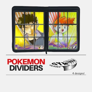 Pode incluir: Pasta preta para cartas Pokémon com ilustrações de personagens. O texto "POKEMON DIVIDERS" é vermelho. A pasta tem fecho de correr e o texto "4 designs!"
