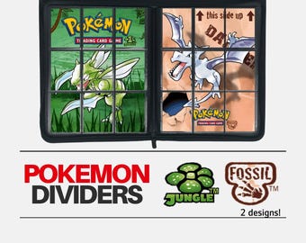 以下が含まれることがあります： 黒のバインダーに、ポケモンカードの仕切りが2つ付いています。左側の仕切りには、緑と白のポケモンカードが置かれており、「ポケモンカードゲーム」の文字と緑色のジャングルマークが描かれています。右側の仕切りには、白と茶色のポケモンカードが置かれており、「ポケモンカードゲーム」の文字と茶色の化石マークが描かれています。右側の仕切りには、「この面を上にして」という文字が印刷されています。バインダーの下には、「ポケモンディバイダー」という文字が印刷されています。仕切り板の下には、「ジャングル」と「化石」という文字が印刷されています。