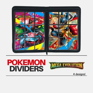 Può includere: Raccoglitore nero con divisori per carte Pokémon colorati. I divisori presentano vari personaggi Pokémon e il testo "MEGA EVOLUTION". Le parole "Pokemon Dividers" sono visualizzate in rosso, con il testo "4 designs!" sotto.