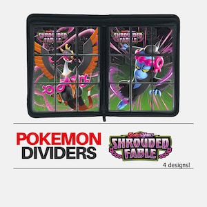 Pode incluir: Pasta preta de divisores de cartas Pokemon com fecho de correr. A capa frontal apresenta um gráfico de um personagem Pokemon com o texto "Shrouded Fable" e "Scarlet Violet".