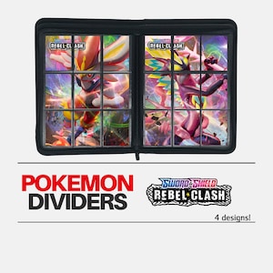 Op de afbeelding: Zwarte map met Pokemon-kaartsplitsers. Elke pagina heeft meerdere vakken met kleurrijke Pokemon-kaartkunst. De tekst "POKEMON DIVIDERS" is rood en "SWORD SHIELD REBEL CLASH" is in een wit en blauw ontwerp. De afbeelding zegt "4 designs!"