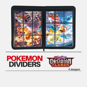 May include: Black binder with clear plastic pockets for holding trading cards. The binder features a design from the Pokemon Scarlet and Violet Obsidian Flames expansion. The text on the binder reads "Scarlet & Violet Obsidian Flames 4 designs!"