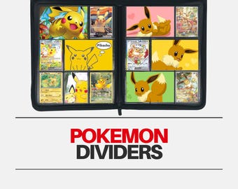 Puede incluir: Carpeta negra con divisores de cartas Pokémon. La carpeta está abierta, mostrando varias cartas de Pokémon con Pikachu e Eevee. El texto "Pokemon Dividers" está impreso en rojo y negro.