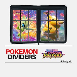 May include: Black binder with clear pockets displaying Pokémon cards. The cards feature illustrations of Pokémon characters. The text "POKEMON DIVIDERS" is in red, and the "VIVID VOLTAGE" logo is also visible.