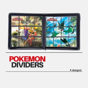 May include: Black binder with a zipper closure, featuring Pokemon card dividers with images of Pokemon from the Paldea region. The text "POKEMON DIVIDERS" is printed in red and black on a white background. The text "4 designs!" is printed in black on a white background.