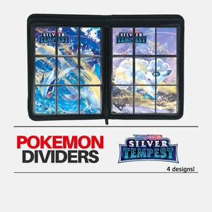 May include: Black Pokemon card divider binder with a clear plastic window showing a Silver Tempest card featuring a white Eevee. The text on the binder reads "Pokemon Dividers" and "Sword & Shield Silver Tempest".
