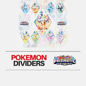 Peut inclure: Diviseurs Pokemon avec un design coloré mettant en scène divers personnages Pokemon de l'extension Évolutions Prismatique Écarlate et Violet. Les diviseurs sont en forme de diamant et ont un fond blanc.