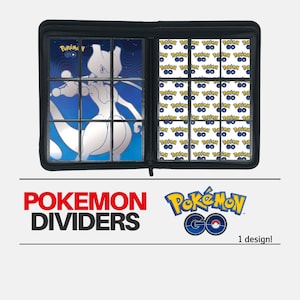 Peut inclure: Classeur noir pour cartes Pokémon avec des pochettes transparentes, affichant des cartes Pokémon. Le classeur présente le texte "POKEMON DIVIDERS" et le logo Pokémon GO. Le design comprend une carte Mewtwo et un motif de logos Pokémon GO.