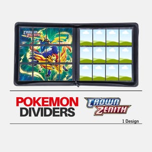 Op de afbeelding: Zwarte binder met ritssluiting, met een kleurrijke Pokemon-illustratie en kaartsleuven. De tekst "Pokemon Dividers" en "Crown Zenith" staat eronder. Perfect voor het verzamelen van kaarten.