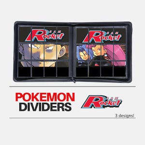 May include: Black binder with Pokemon Team Rocket dividers. The dividers feature images of characters and the Team Rocket logo. Text at the bottom reads "Pokemon Dividers" and "3 designs!"