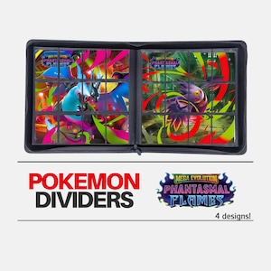 May include: Black binder with Pokemon card dividers. The binder is open, displaying colourful card art. The text "Pokemon Dividers" is below the binder, along with "Mega Evolution Phantasmal Flames" and "4 designs!"