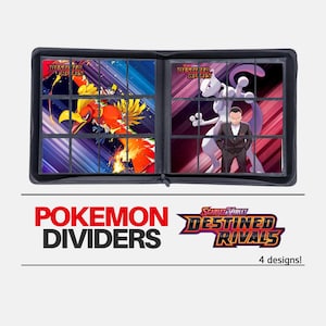 Może przedstawiać: Czarny segregator z zamkiem błyskawicznym, prezentujący cztery różne wzory kart Pokemon z rozszerzenia Szkarłat i Fiolet: Przeznaczeni Rywale. Segregator jest otwarty, aby ujawnić karty w środku, które są uporządkowane w rzędy i kolumny. Segregator jest oznaczony jako "Dzielniki Pokemon" i "Szkarłat i Fiolet: Przeznaczeni Rywale".