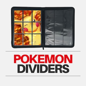 Könnte beinhalten: Ein schwarzer Ordner mit Reißverschluss, der auf dem vorderen Cover ein Pikachu-Motiv zeigt. Der Ordner hat transparente Plastikfächer zum Aufbewahren von Sammelkarten. Der Text "POKEMON DIVIDERS" ist in Rot und Schwarz unter dem Bild gedruckt.