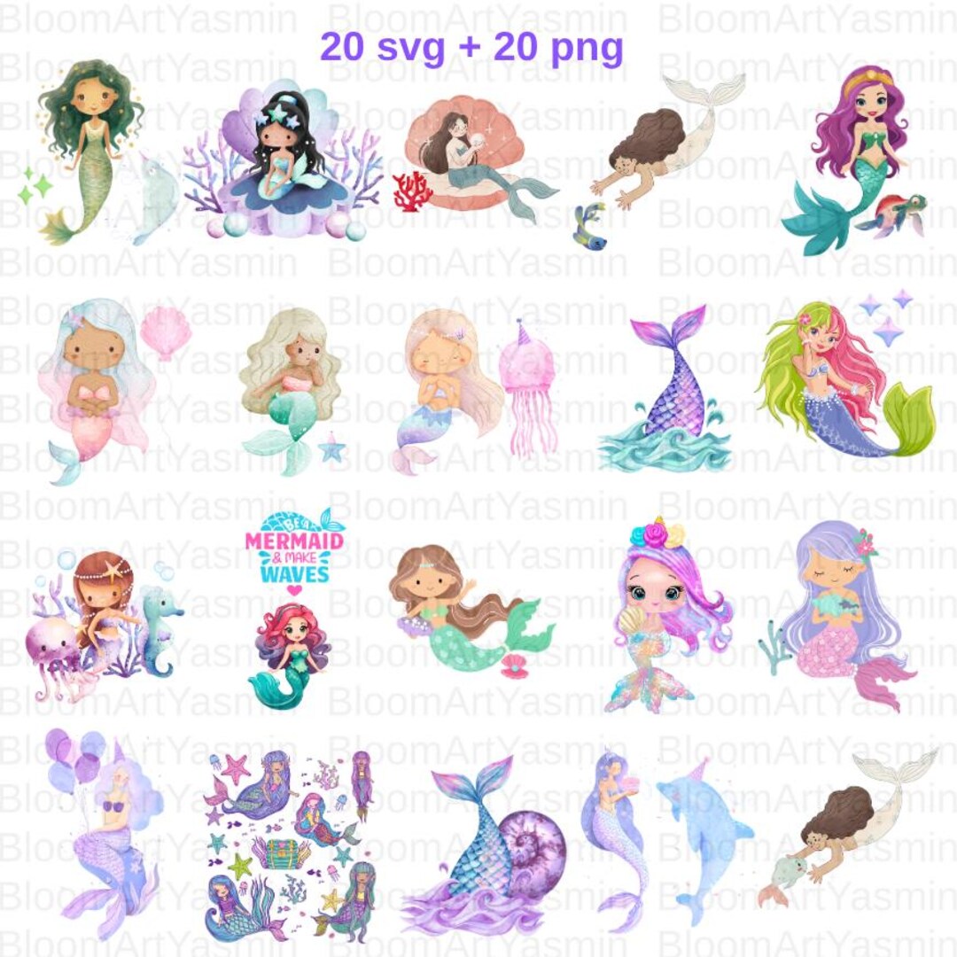 Watercolor Mermaid Clipart Bundle | Fantasy Ocean PNG SVG (digital ...