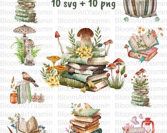 Set de SVG y PNG de hongos y libros / Clipart de acuarela acogedor de estilo cottagecore / Paquete de arte literario / Descarga instantánea