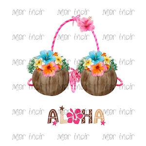 May include: Watercolor illustration of a coconut bra adorned with tropical flowers and a pink strap. The design includes the word "ALOHA" in decorative lettering, featuring a hibiscus flower and star accents. The overall theme is Hawaiian.