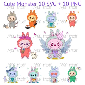 Cute Monster Labubu Toy Clipart Bundle - 10 Colorful Cartoon Creatures (PNG + SVG) |