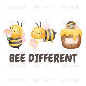 Op de afbeelding: Een grillige illustratie met drie cartoonbijen. Eén bij houdt een roze bloem vast, een andere rust op een bloem en de derde zit bovenop een honingpot. De zin "BEE DIFFERENT" staat vetgedrukt onder de bijen.