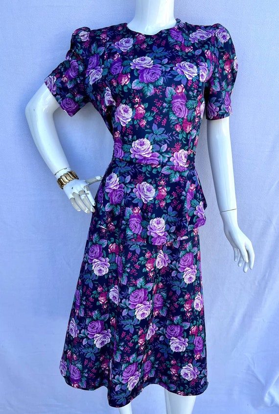80’s Purple and Green Floral Peplum Dress