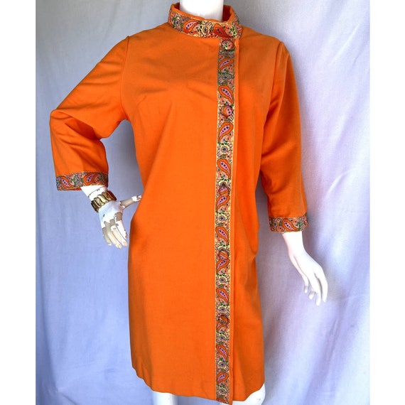 60s Orange Patterned Ribbon Shift Dress