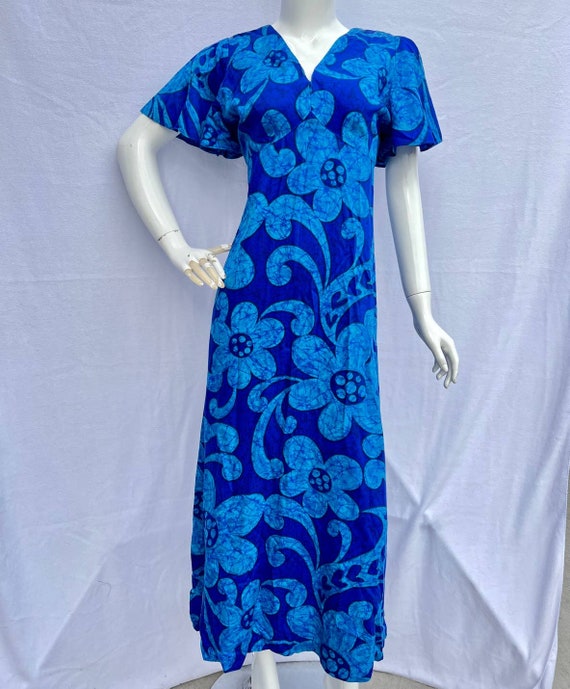 VTG Blue Hawaiian Flutter Sleeve Maxi Dress