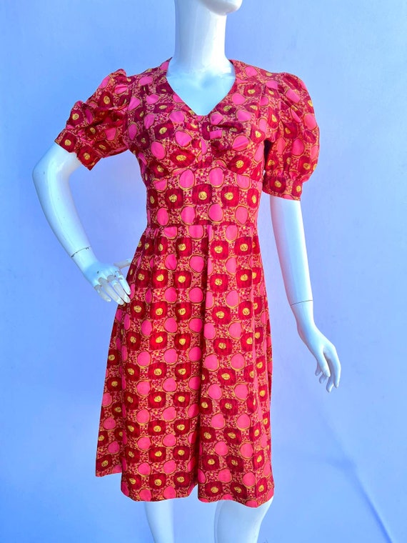60’s Pink and Lime Puff Sleeve Printed Dress