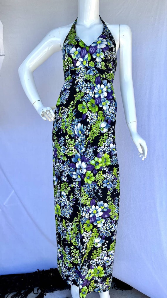 60s/70s Blue and Green Floral Halter Maxi Dress