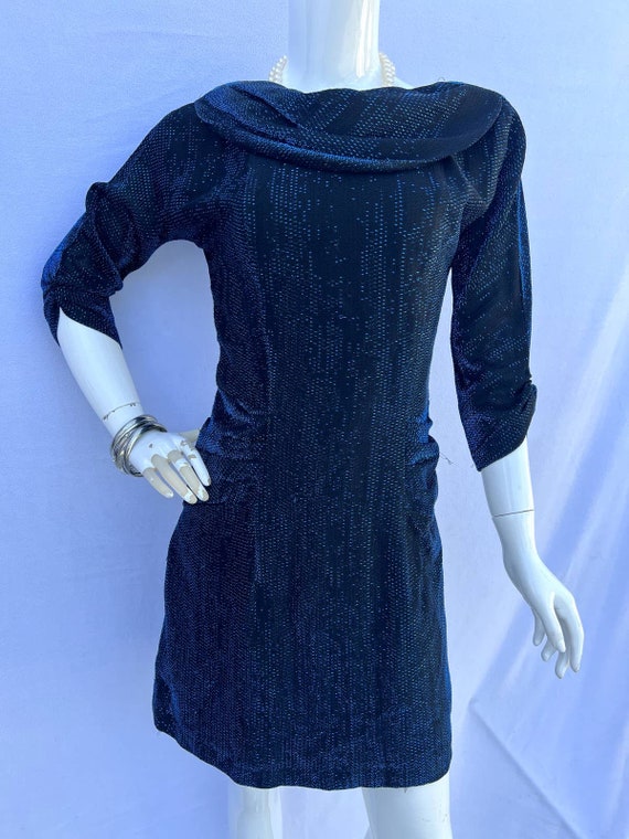 80’s Metallic Blue Threaded Sheath Dress