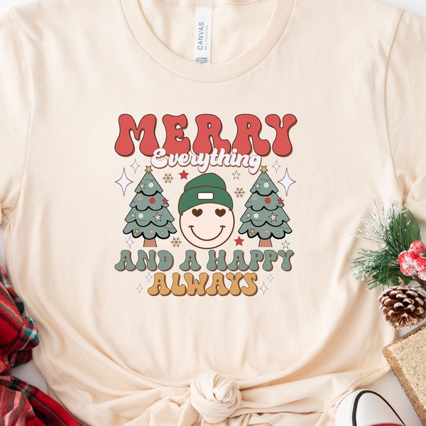 Retro Smiley Emoji Christmas Shirt, Merry Everything and A Happy Always, Hippi Christmas Tshirt, Funny Santa Tee, Christmas Gift for Women