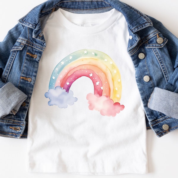 Cute Rainbow and Clouds T-shirt, Girls Rainbow Shirt, Girls Pastel Colors Tee, Rainbow Party T-shirt, Rainbow Birthday Party Gift