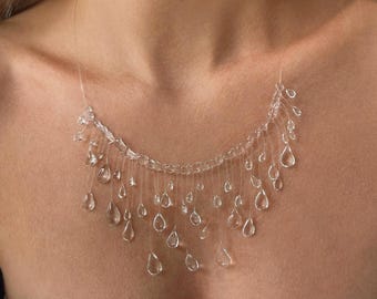 Floating Raindrop Necklace, Invisible Thread Dewdrop Necklace, Waterfall Necklace, Ethereal Statement Jewellery, Bridal Illusion Necklace