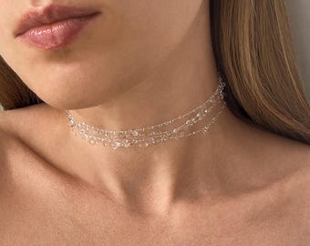 Handmade Dewdrops Choker Necklace, Raindrop Necklace, Minimalist Bridal Jewellery, Delicate Ethereal Necklace, Dainty Choker