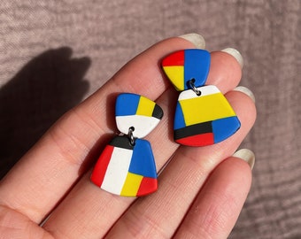 Handmade Piet Mondrian inspired clay earrings, hypoallergenic jewellery, artisan earrings, Christmas gift for her