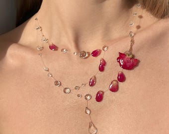 Handmade Raindrop Necklace with Real Roses, Dewdrop Choker, Fairycore Jewellery, Romantic Gift for Her