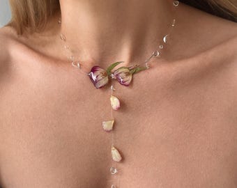 Raindrops Necklace With Roses, Dewdrop Choker, Romantic Floral Jewellery