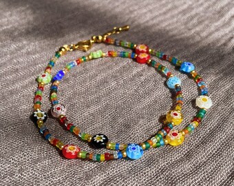 Colourful handmade beaded summer necklace, trendy rainbow choker, gift for her, holiday jewellery