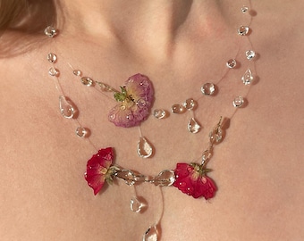 Pressed Rose Dewdrop Necklace, Romantic Floral Choker, Bridal Jewellery, Resin Botanical Pendant