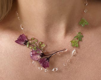 Ethereal Flower Raindrops Necklace, Dewdrop Necklace, Botanical Necklace, Nature Inspired Statement Jewellery, Unique Bridal Necklace
