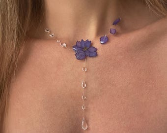 Ethereal Flower Raindrops Necklace, Dewdrop Necklace, Botanical Necklace, Nature Inspired Statement Jewellery, Unique Bridal Necklace