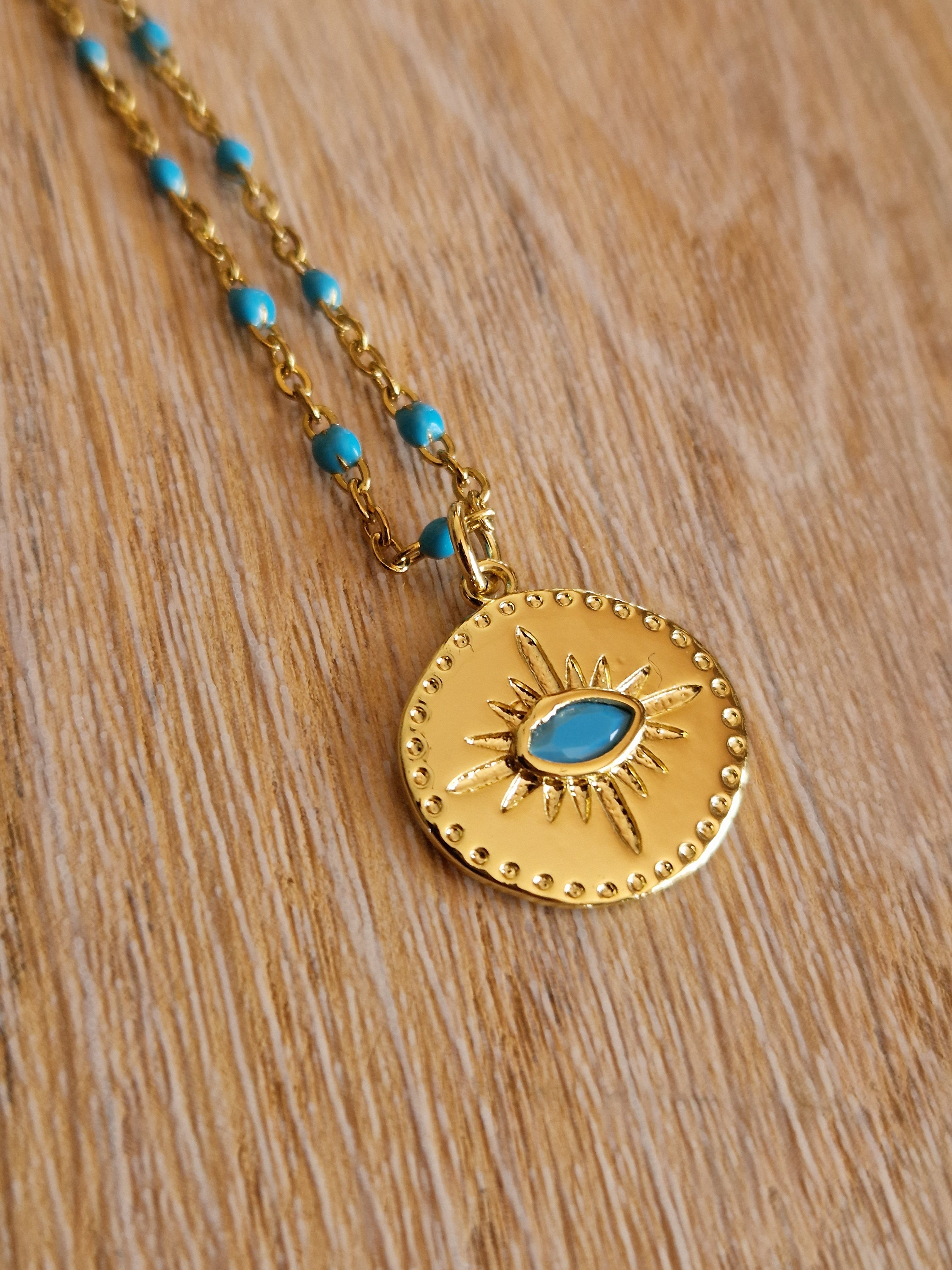 Collier Acier Or Médaille Protection Oeil Turquoise