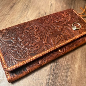 Carved Wallet, Bifold Long Woman Wallet, Handmade Leather Clutch Bag, Christmas Gift, Personalized Anniversary Gift, Tooled Leather