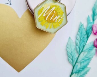 Yellow sunburst hexagon pet ID tag/dog tag/floral dog tag/charm/oneofakind/personalised tag/handcrafted/durable tag/resin/eco-friendly/gift