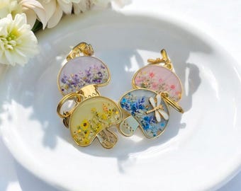 押し花ペットIDタグ：キノコ型ベゼル、金箔樹脂