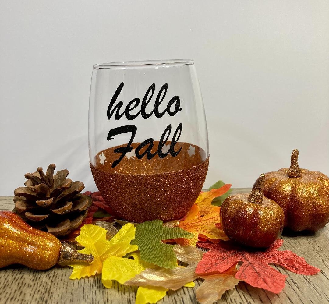 Buy Fall Wine Glasses - Hello Half Glitter & Pumpkin Glass online