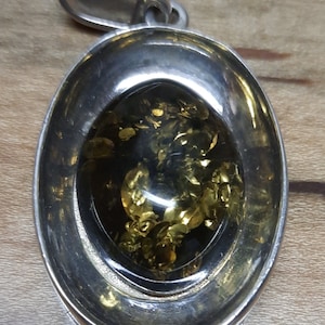 Green Baltic Amber and Sterling Silver Oval Pendant