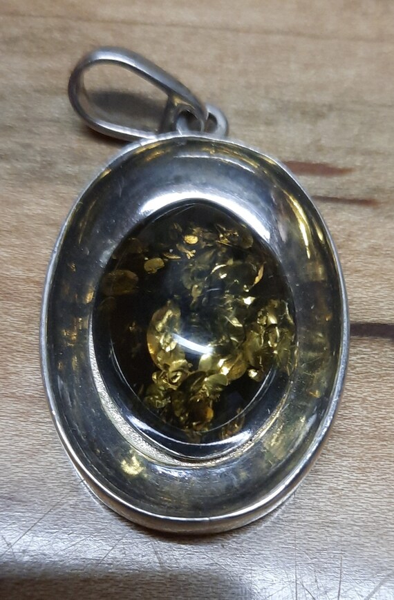 Green Baltic Amber and Sterling Silver Oval Pendan