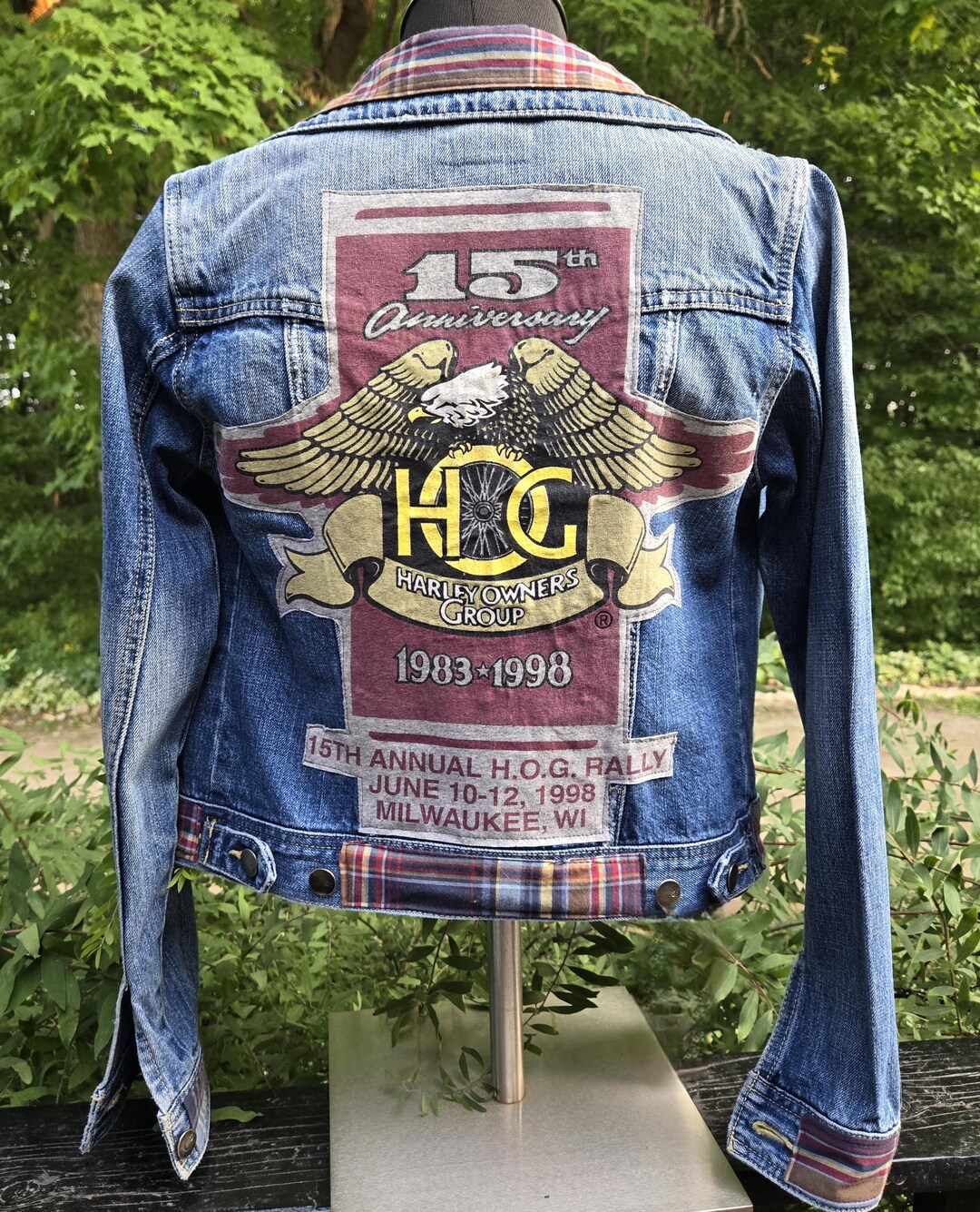 Kjgb Harley Owners Group Reworked Jean Jacket W/plaid Details 2.1 Brand Sz S ...
