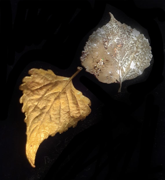 Real Leaf Brooches Gold and Silver Set of 2