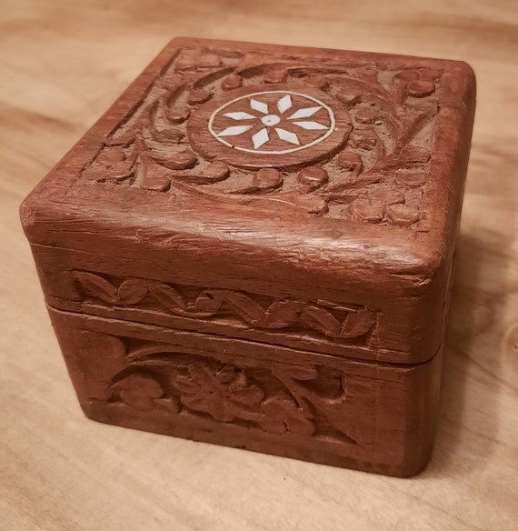 Carved Lidded Wood Box Inlaid Bone Square Hans Ma… - image 1